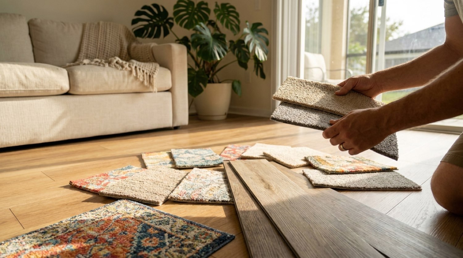 Carpet and luxury vinyl plank samples laid out on the floor of a Tampa Bay living room during an in-home showroom visit