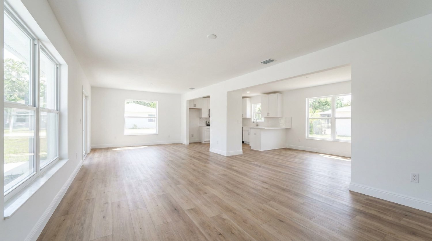 Freshly installed luxury vinyl plank flooring through an empty, listing-ready Tampa home